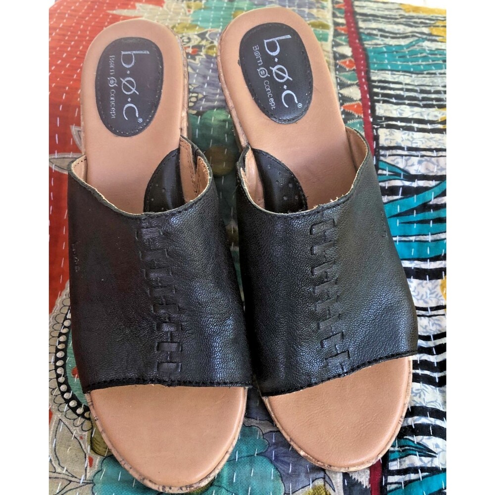 BOC Born Black Leather Wedge Mules Womens 8M Slide Sandals Comfort Open Toe
